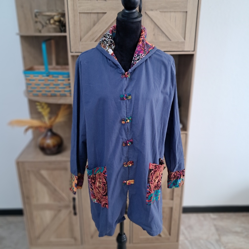 Patchwork Coat Navy Blue Colorful Pockets Hood Lightweight Plus Size Boho Artsy